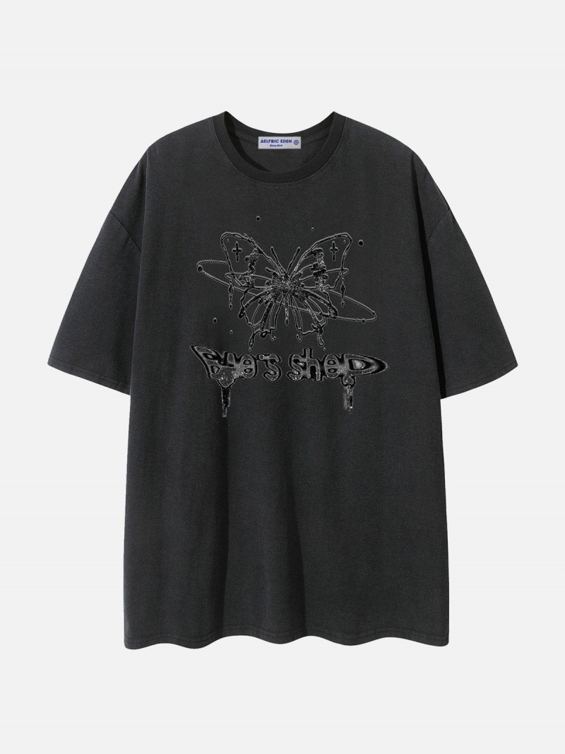 T Shirts Aelfric Eden Hand Painted Butterfly Print Tee Noir | YJQ-64808860